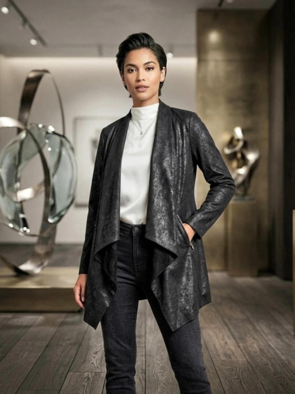 Black Tape Black Draped Faux Leather Jacket Size XL Like New